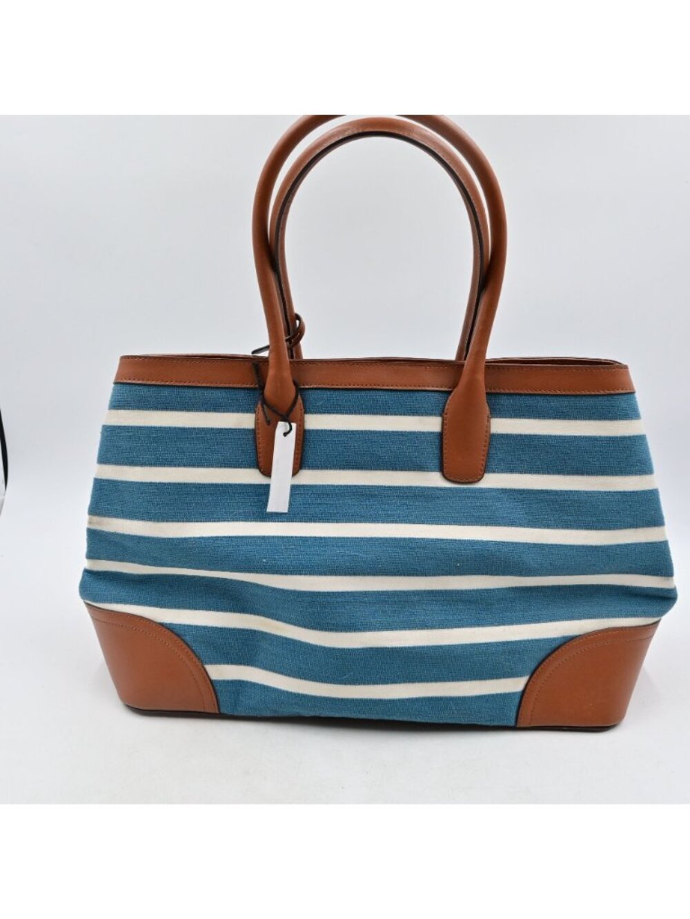 Lauren Ralph Lauren Fairfield City Striped Canvas Tote Bag Tan Leather Trim - Picture 5 of 16